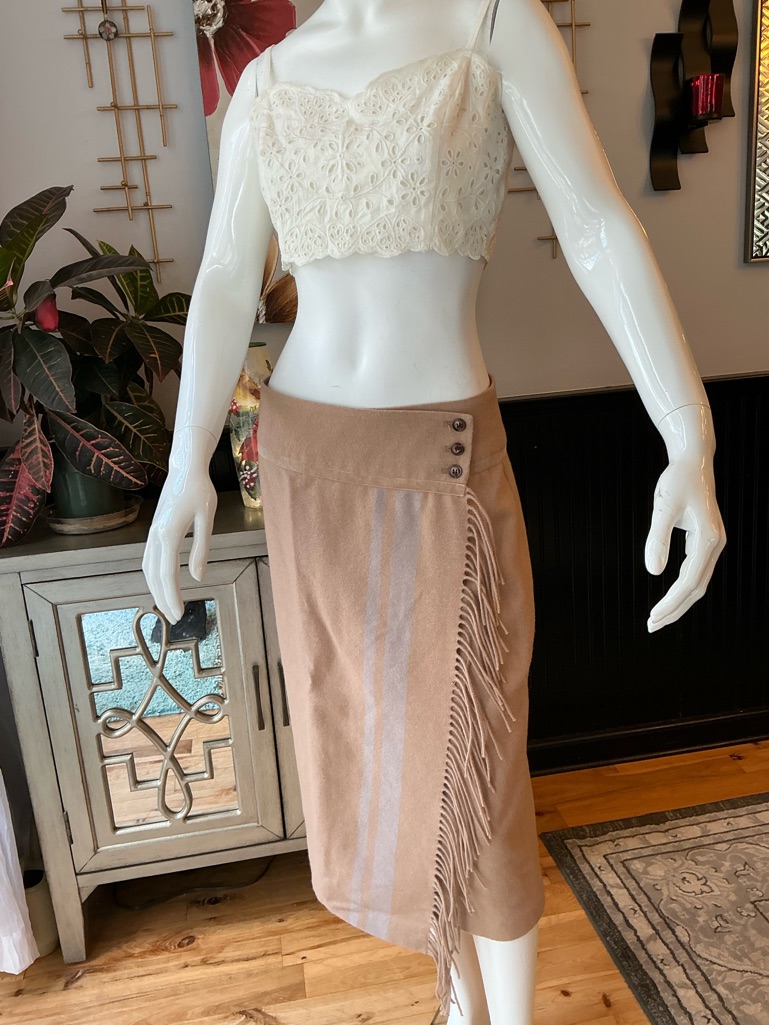 J. Mclaughlin Nwt Festival Boho Fringe Wrap Pencil Skirt Camel Midi Size 8